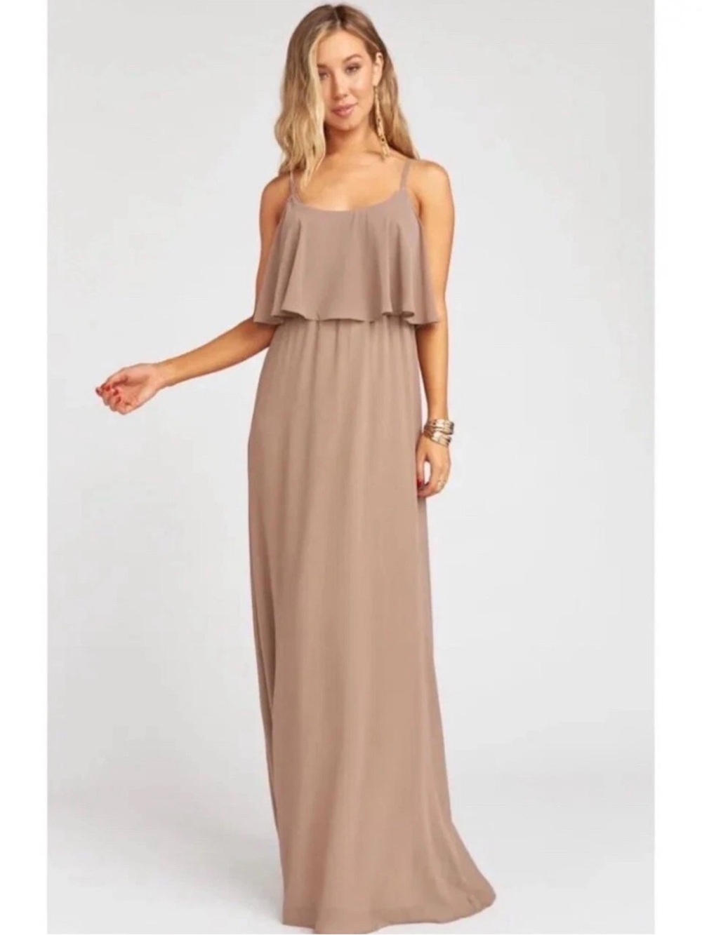 Show Me Your MuMu Taupe Flounce Maxi Dress with Spaghetti Straps color Dune xl